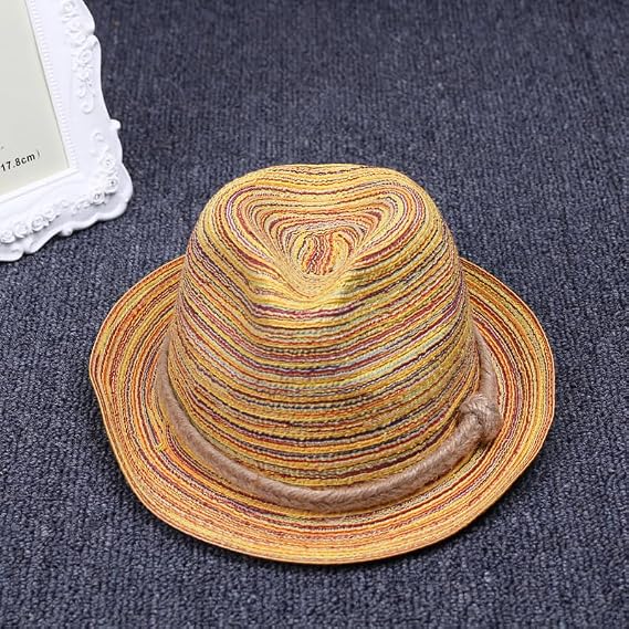Women Multicolor Fedora Straw Hat Short Brim Rainbow Panama Hat Mix Braid UV Protection Boho Sun Beach Cap