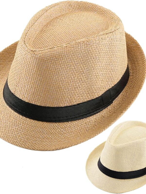 2 Pack Straw Fedora Hats for Men and Women, Short Brim Summer Beach hat, Trilby Panama Sun Hats.