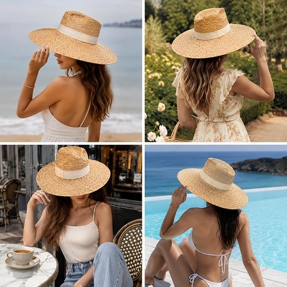 Women's Wide Brim Straw Sun Hats with Ribbon Panama Fedoras, Folding Beach Hats Summer Travel Party Cap