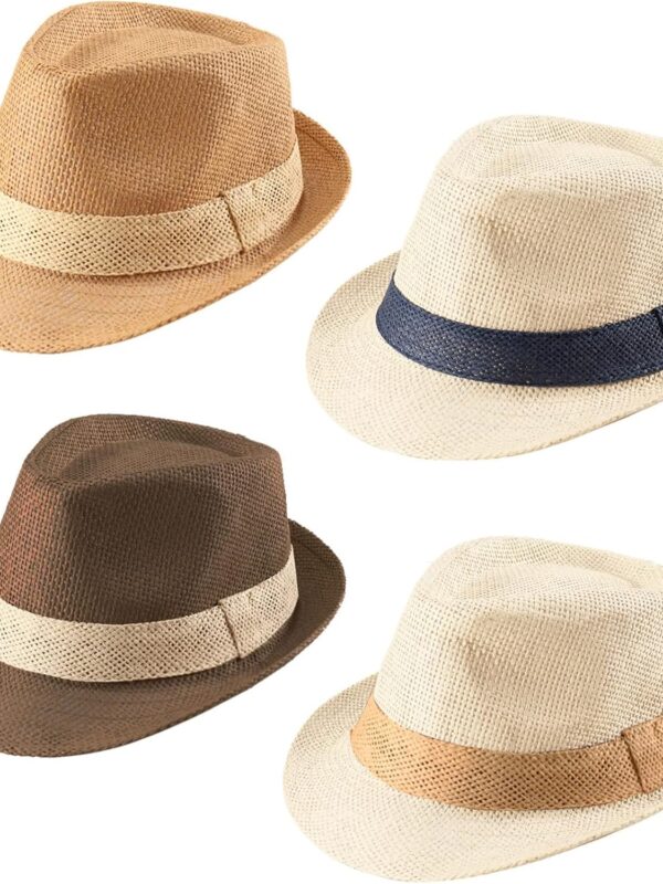 4 Pack Straw Fedora Hat for Men Women Short Brim Trilby Hat Classic Panama Summer Beach Sun Hat