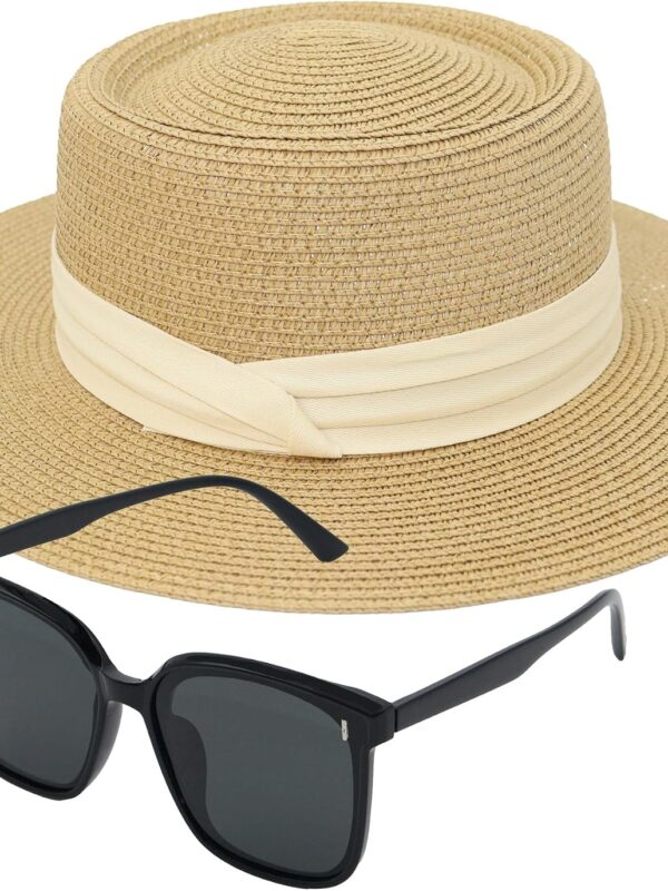 Sun Hats for Women Men Straw Beach Wide Brim Panama Foldable Hat Fedora Summer Roll Up UPF50+ +Sunglasses Khaki-Beige Ribbon