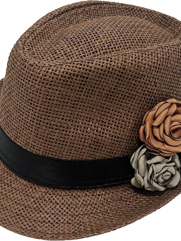 Summer Straw Fedora Hats, Short Brim Trilby Panama Beach Sun Hat Cap | Lightweight Breathable Packable Casual, Men Women, Fedoras Derby with Handmade Floral Accent, Travel Vacation Party
